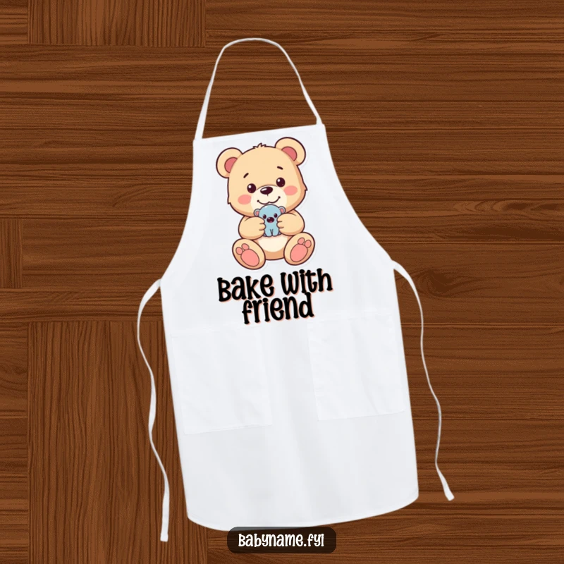 Funny apron showcasing a happy teddy bear holding a tiny toy, adding a touch of playful innocence to kitchen activities.