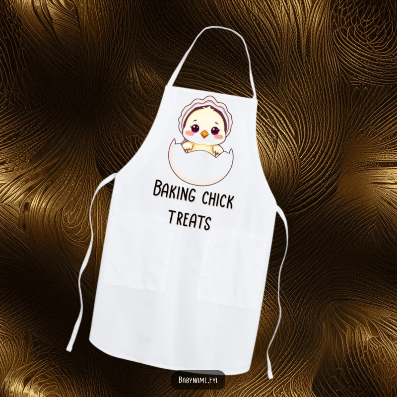 Funny Baby Bird Apron showing a cute baby bird in a bonnet peeking from an egg, ideal for cooking and adding charm.