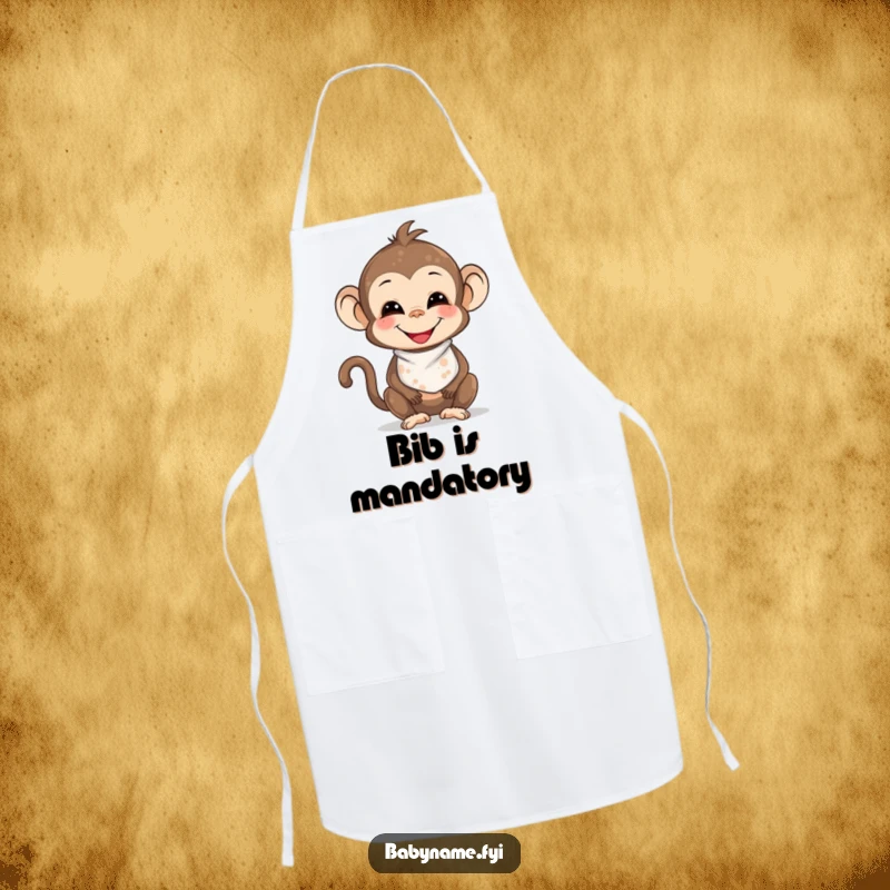 Funny smiling baby monkey wearing a bib, adorably messy with playful smudges, ready for kitchen adventures on this apron.