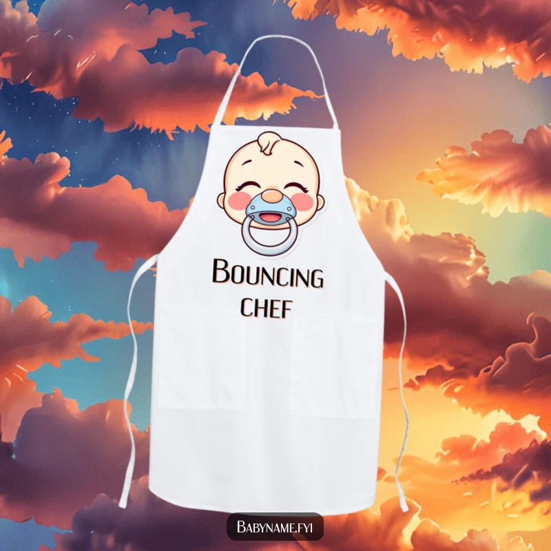 Funny pacifier apron showing a giggling pacifier bouncing with joy, a humorous accessory for a fun-filled cooking experience.