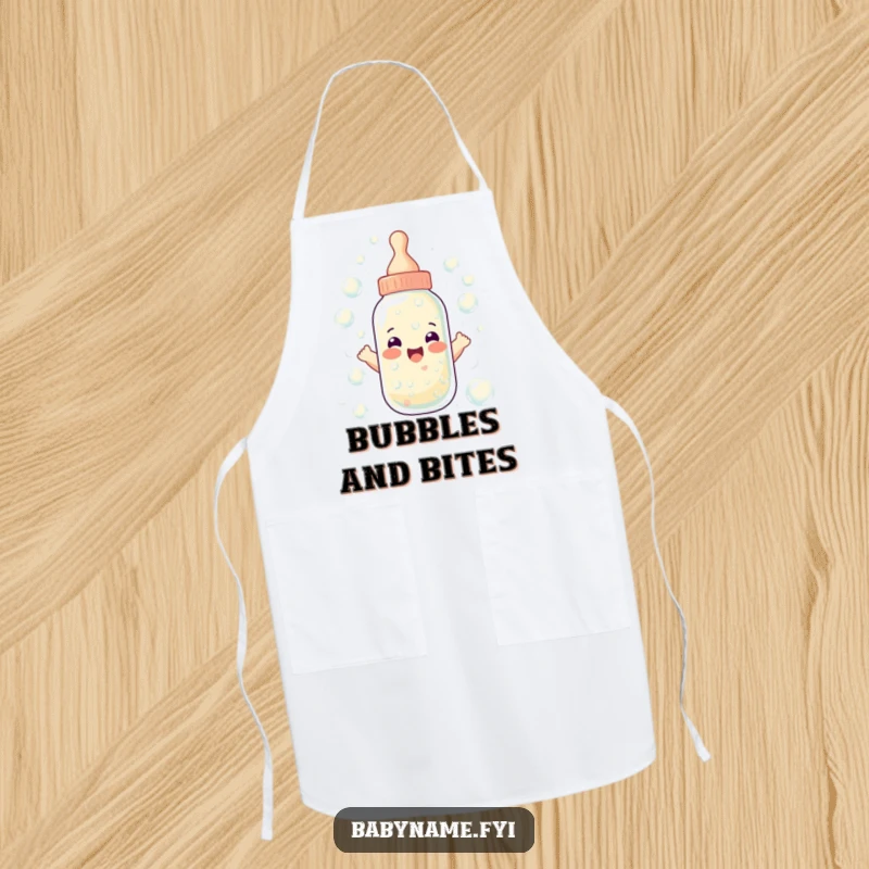 Funny baby bottle apron showing a bottle overflowing with happy bubbles, a humorous accessory for a fun-filled cooking experience.