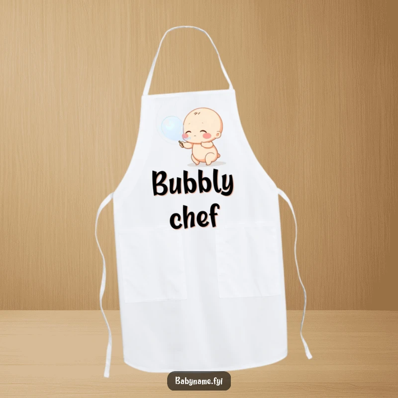 Funny baby bib apron, a protective garment for babies featuring a chubby character blowing a large bubble.