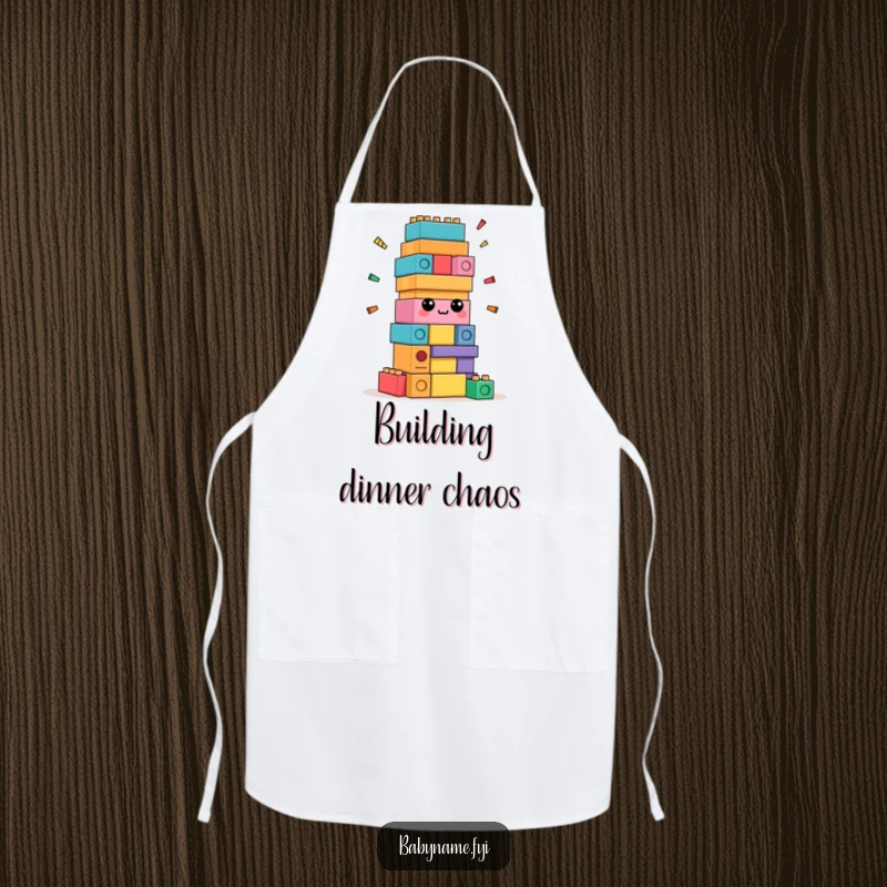 Funny confused building blocks apron, kitchen wear with blocks attempting self-assembly, showing playful confusion.