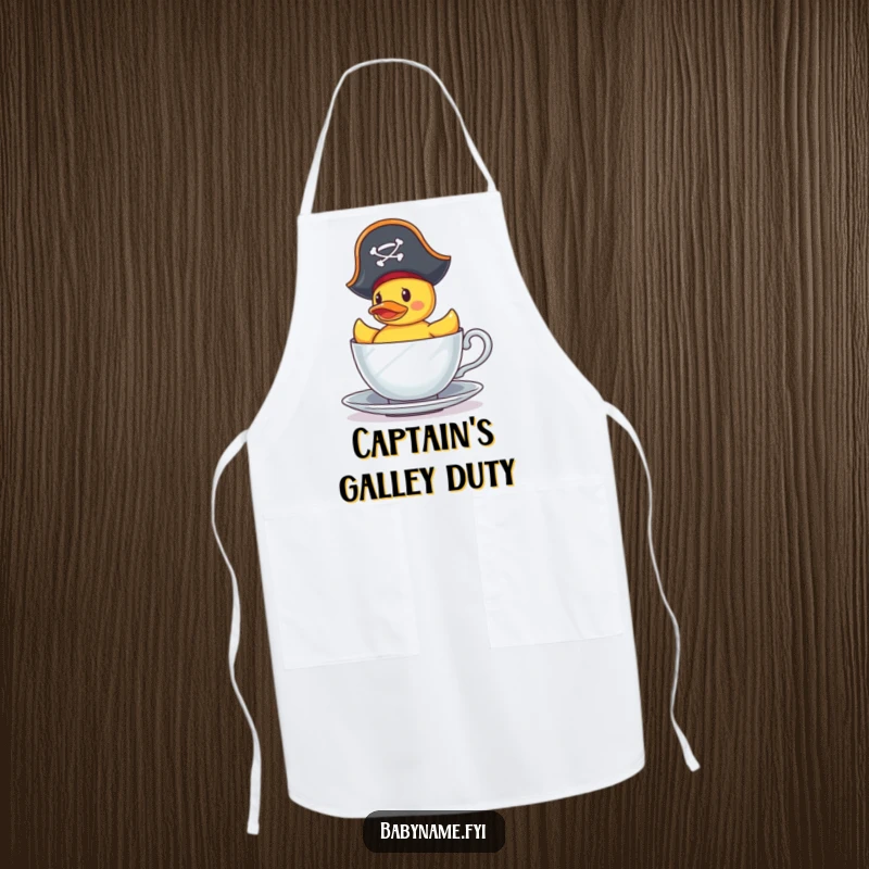Funny Apron: A tiny pirate rubber duck sails in a teacup, ready to protect you from kitchen spills with buccaneering charm.