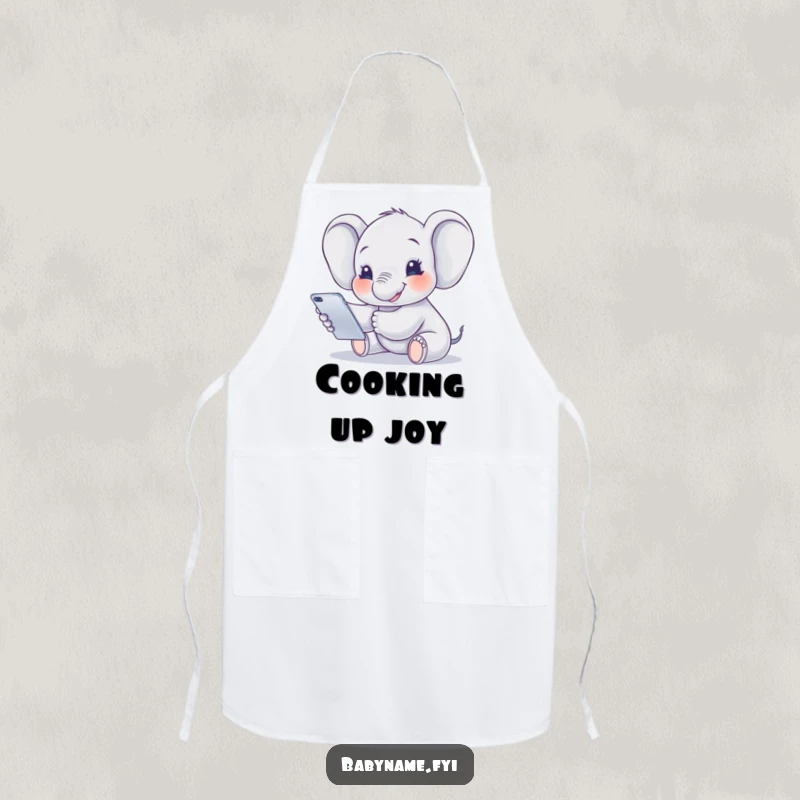 Funny Apron showcasing a smiling baby elephant reaching for a mobile, adding a sweet and humorous touch to cooking.