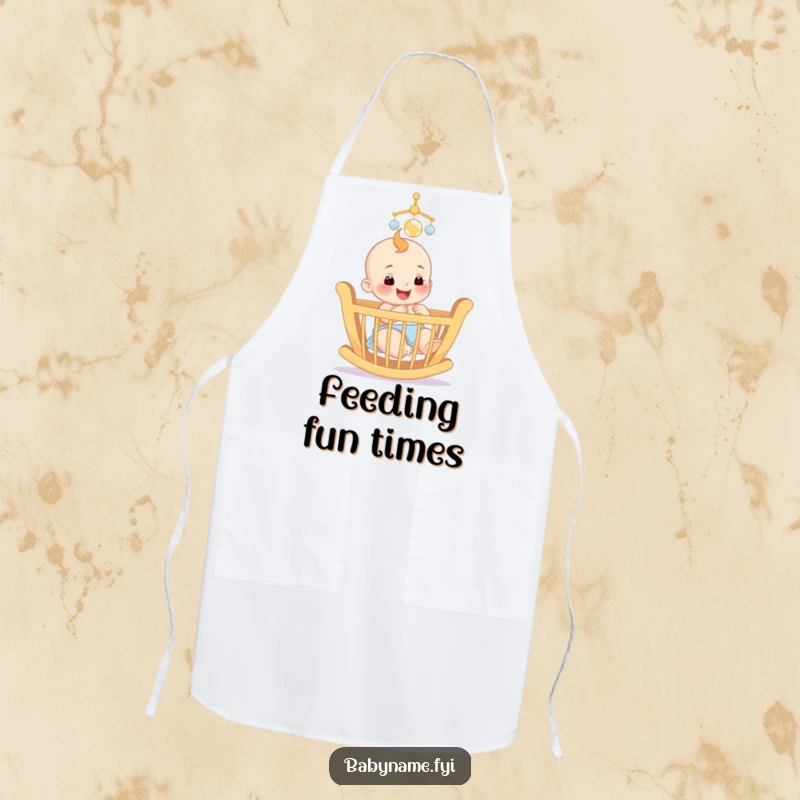 Funny apron featuring a smiling baby reaching for a colorful mobile above a crib, ideal for protecting clothes during meals.