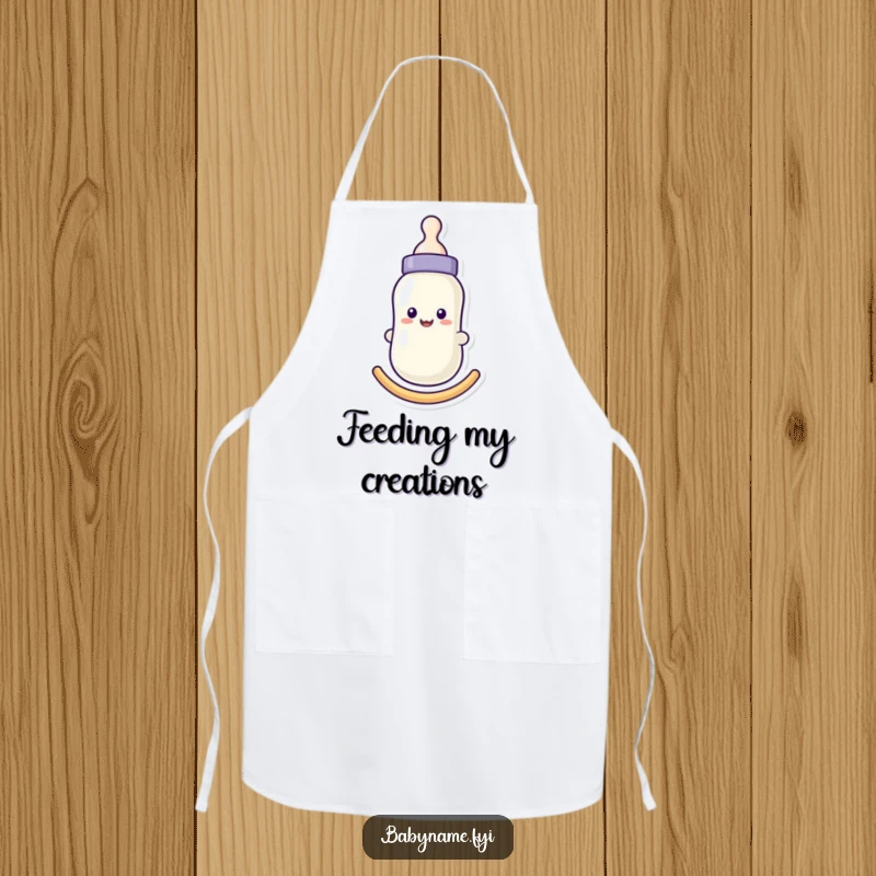 Funny baby bottle apron with a smiling face, gently rocking, perfect for parents during feeding times, adding humor.