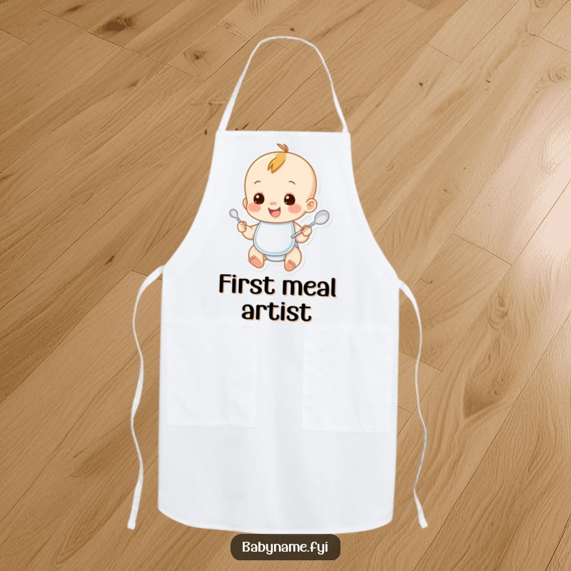 Funny baby apron with a smiling baby character wearing a bib and holding a spoon. Practical and humorous kitchen wear for toddlers.