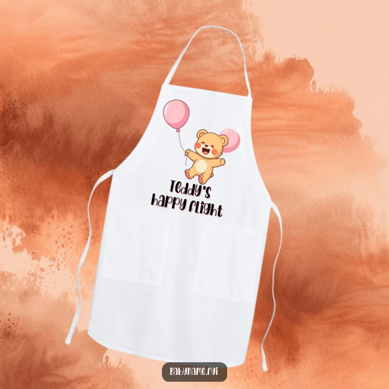 Funny Apron: A giggling teddy bear floats upwards on a balloon, ready to protect you from spills with whimsical cheer and adventure.