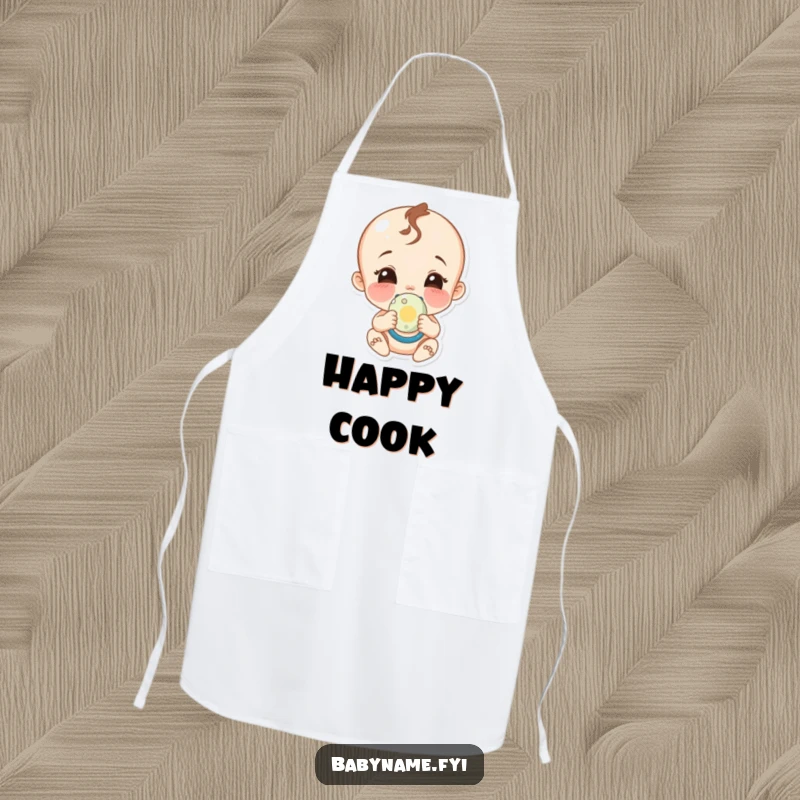 Funny baby bib apron, a protective garment for babies featuring a giggling character holding a pacifier and smiling.