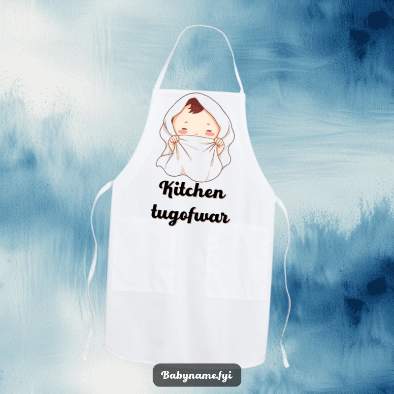 Funny baby blanket apron showing tiny hands playfully tugging a soft blanket, adding humorous protection for parents.