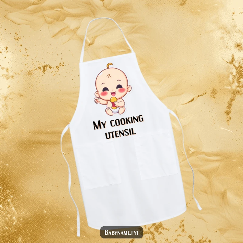 Funny baby chef apron with a cheerful character holding a rattle, adding a playful touch to kitchen activities.