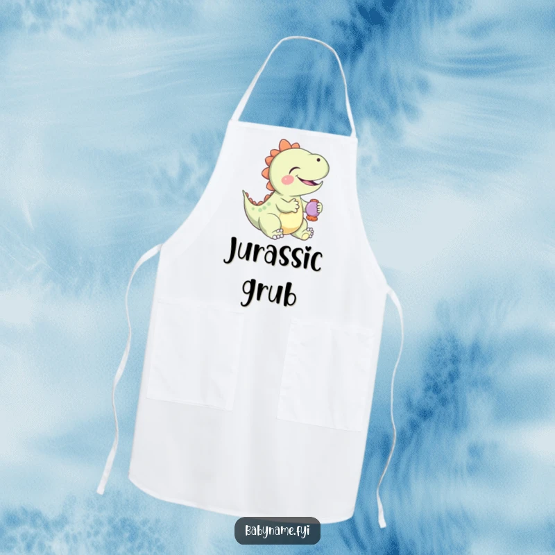 Funny Apron showcasing a giggling baby dinosaur playing with a rattle, adding a humorous and playful touch to cooking.