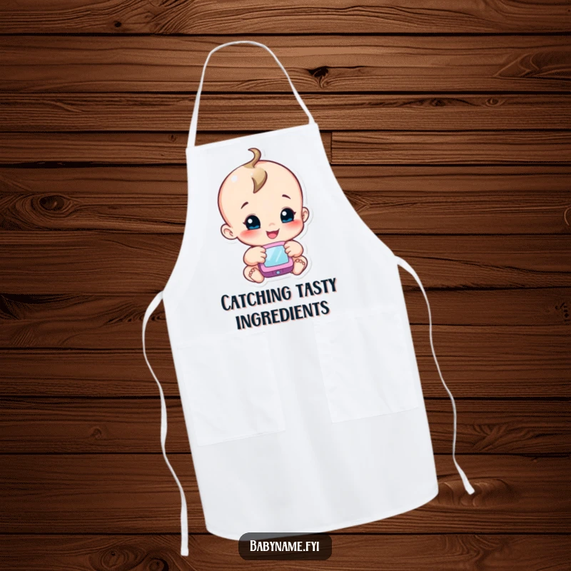 Funny baby explorer apron with a smiling character reaching for a mobile, adding a playful touch to cooking.