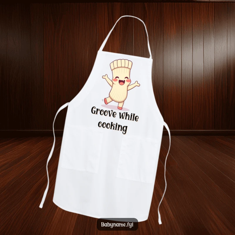 Funny apron showcasing a delighted baby sock dancing a silly jig, adding playful charm and protection to kitchen activities.