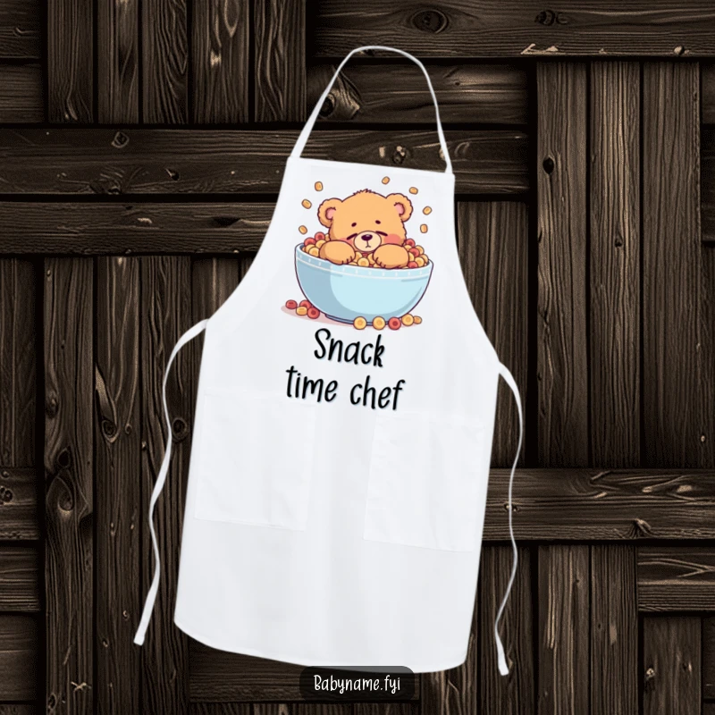 Funny apron with a chubby teddy bear character attempting to doze off inside a giant, overflowing bowl of cereal.