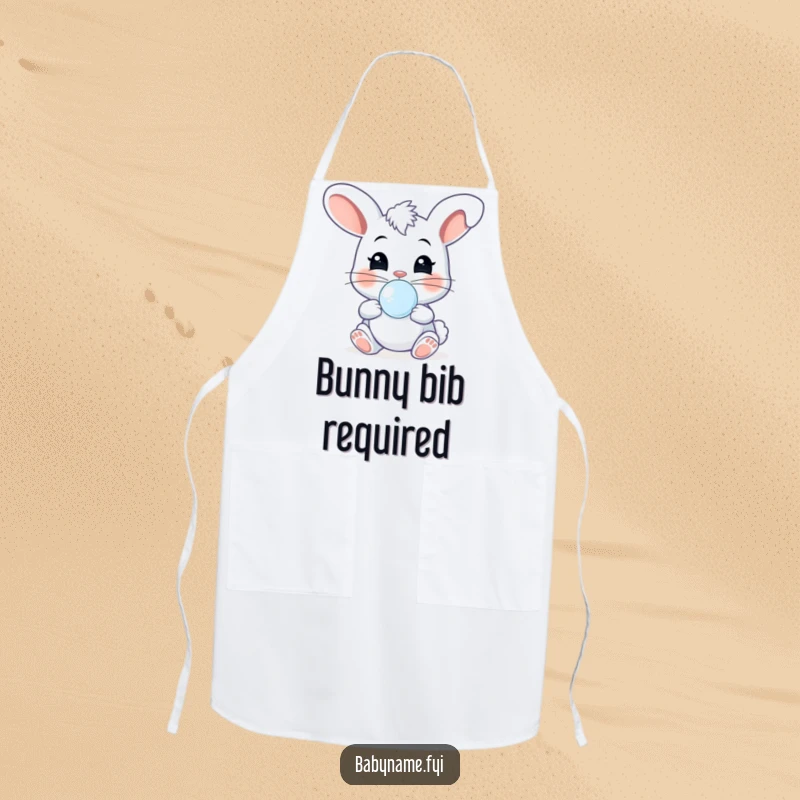 Funny cheeky baby bunny with pacifier, giggling and bouncing, ready for kitchen adventures on this delightful apron.