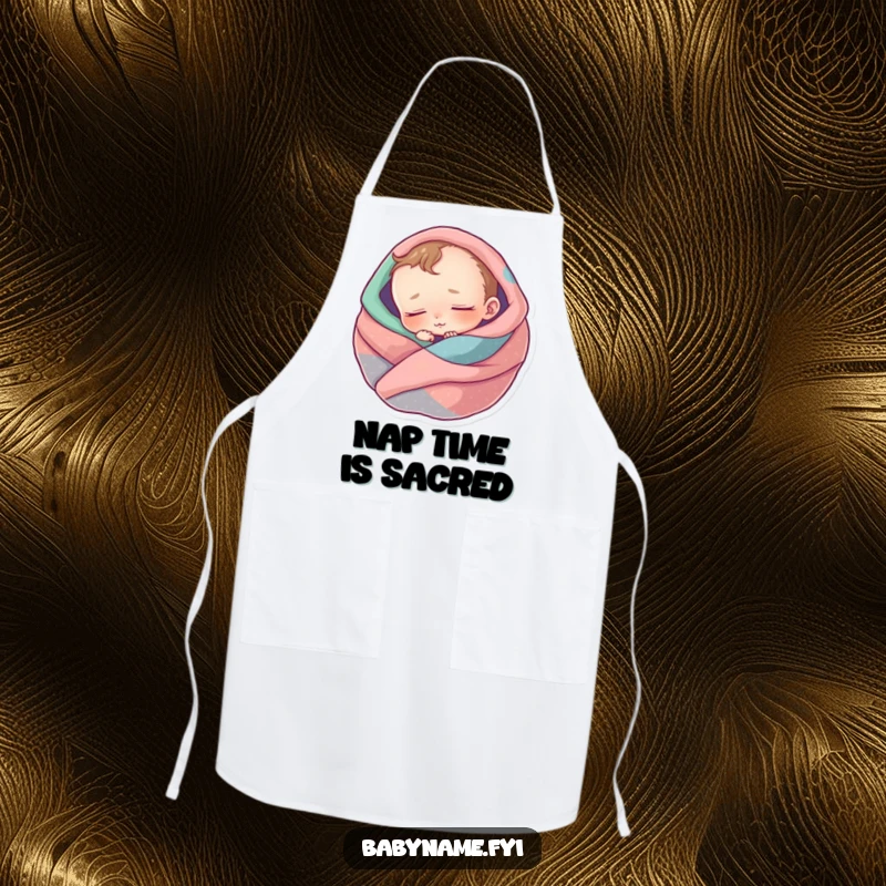 Funny apron featuring a sleeping baby character, illustrating a charmingly calm presence in the kitchen, keeping clothes clean.