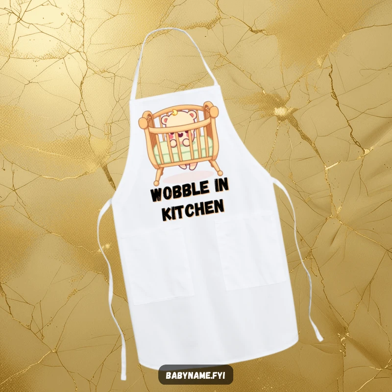 Funny apron showcasing a playful crib railing with a wobbly leg, designed for parents to wear during baby care and playtime.