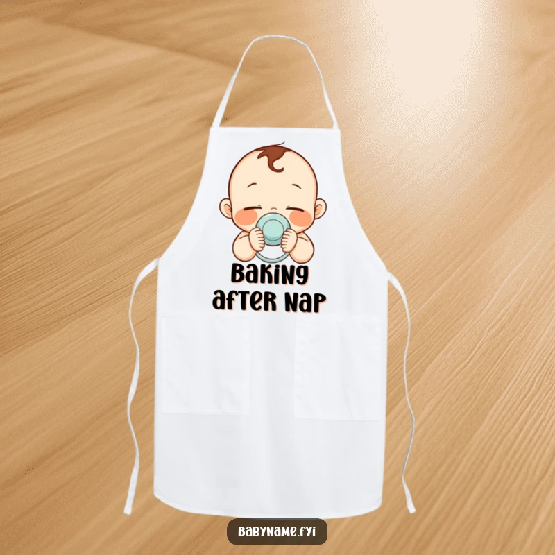 Funny apron designed with a sleepy baby holding a pacifier, ideal for parents during feeding times.