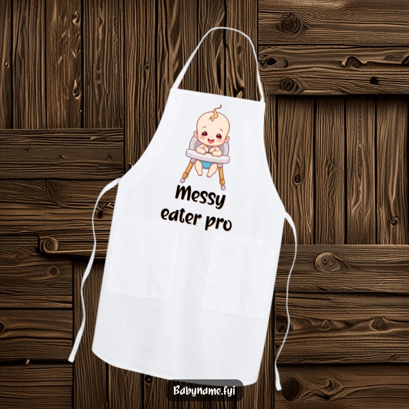 Funny Happy Baby Apron showing a cute baby sitting happily in a cozy high chair, perfect for kitchen duties with a smile.