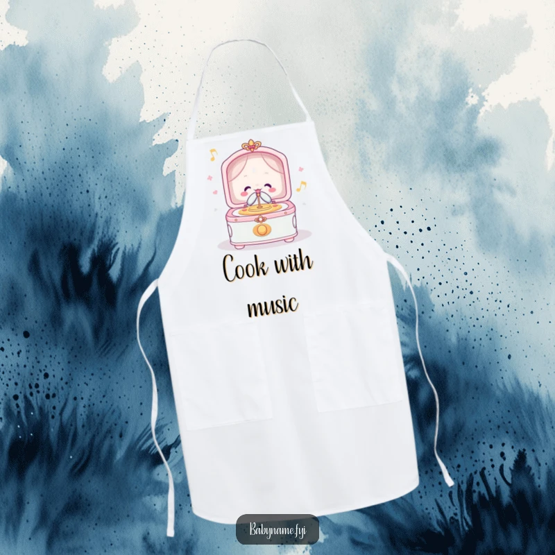 Funny apron showcasing a cheerful lullaby music box playing merrily, adding musical charm and protection to kitchen activities.