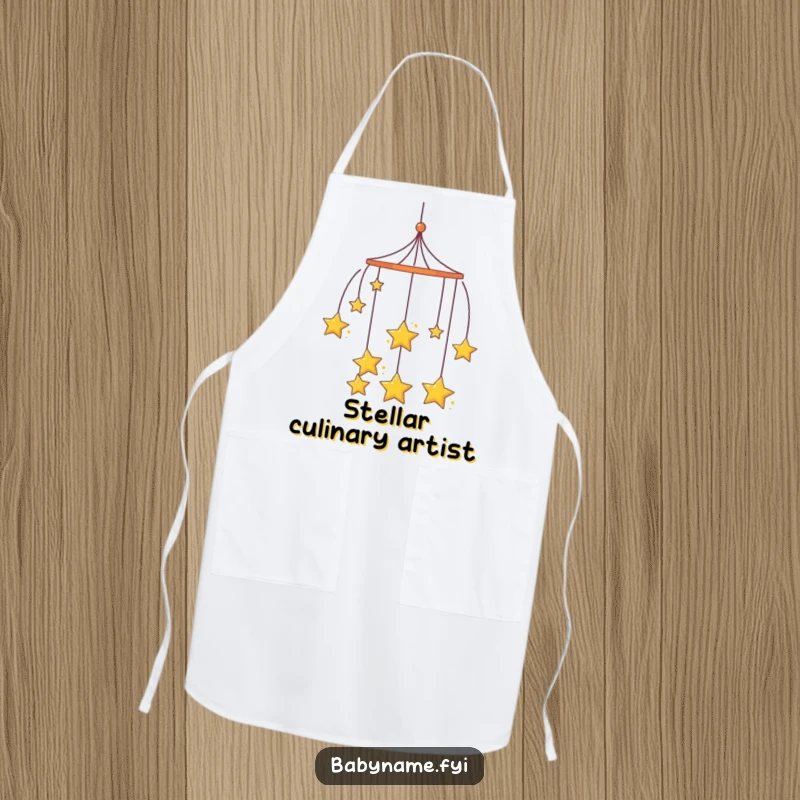 Funny curious mobile apron, with hanging stars spinning slowly, ideal for creative endeavors.