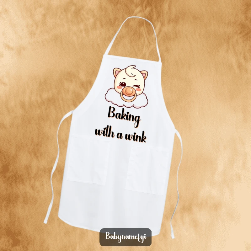 Funny Pacifier Cloud Apron: Mischievous winking pacifier character floating on a cloud, ready for kitchen fun.