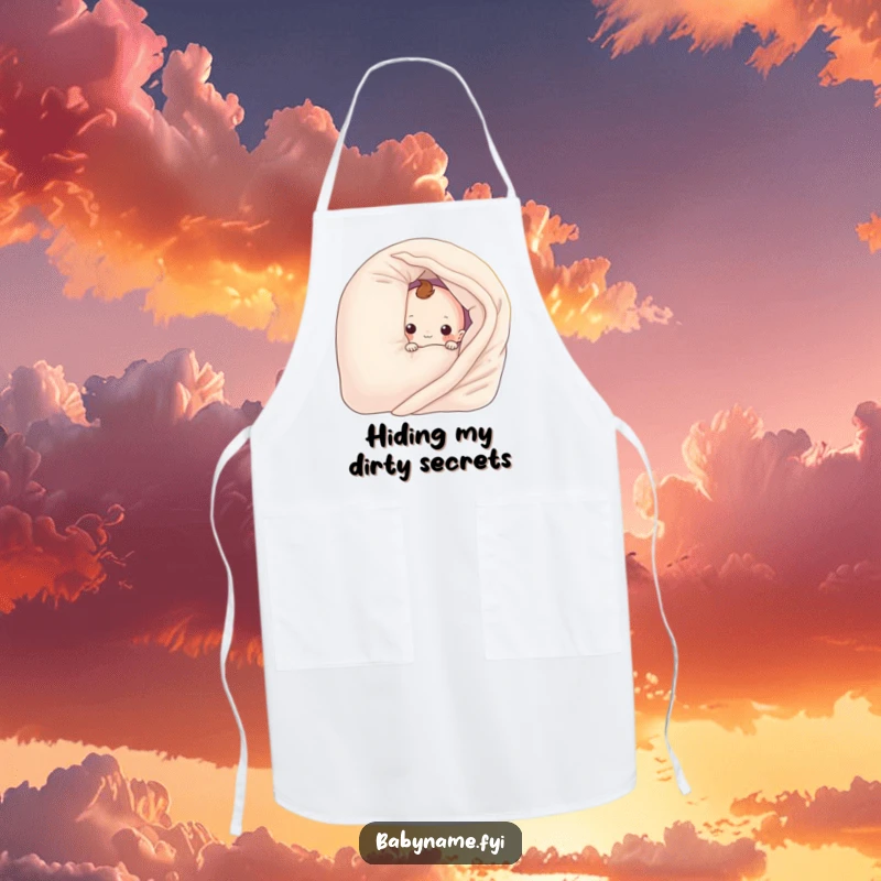 Funny baby blanket character peeking from behind a pillow, on a practical kitchen apron. A humorous and useful accessory.