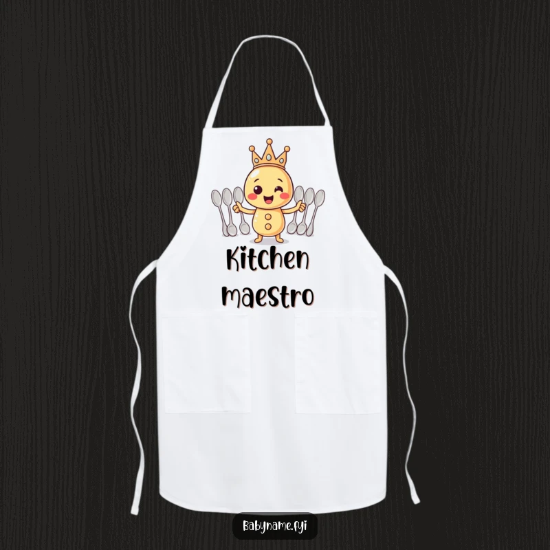 Funny Apron: A crowned rattle conducting a culinary orchestra of spoons, a humorous kitchen essential.