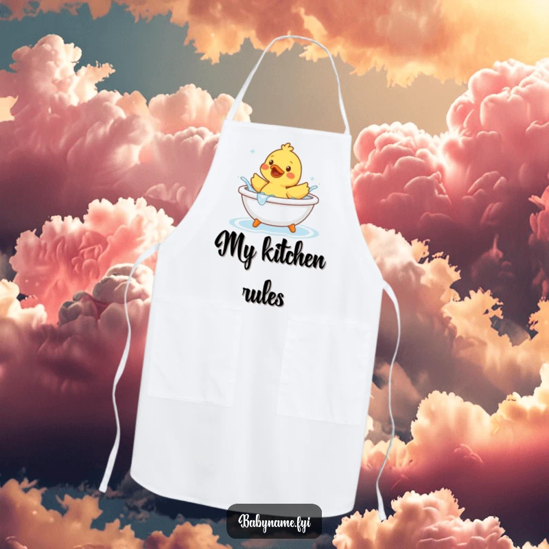 Funny rubber duck character joyfully splashing water in a tiny bathtub, featured on a humorous and practical kitchen apron.