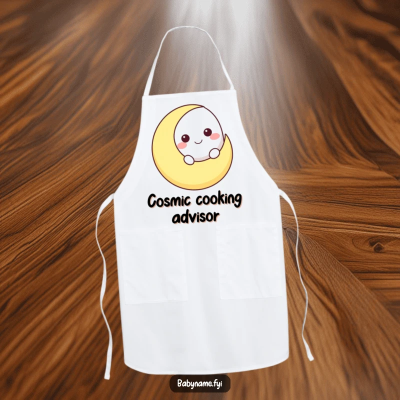 Funny smiling moon character peeking over a crescent moon shape, featured on a humorous celestial kitchen apron.