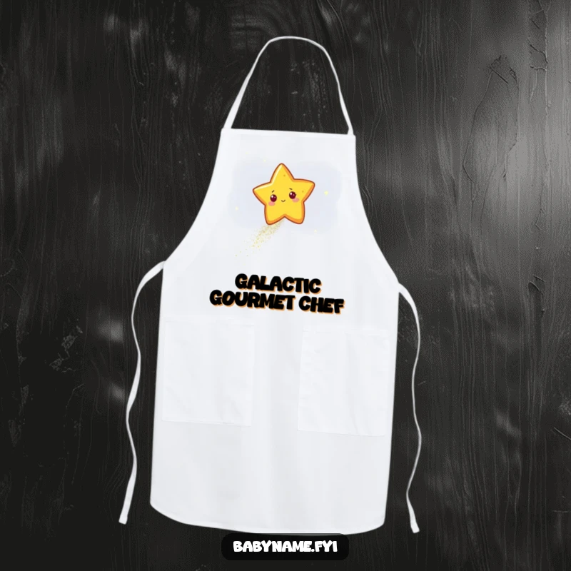Funny star character leaving a sparkling trail of glitter across a dark sky, featured on a humorous celestial kitchen apron.
