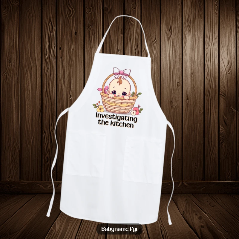 Funny baby peeking from a gift basket design on an apron, ready for kitchen fun with humorous curiosity.