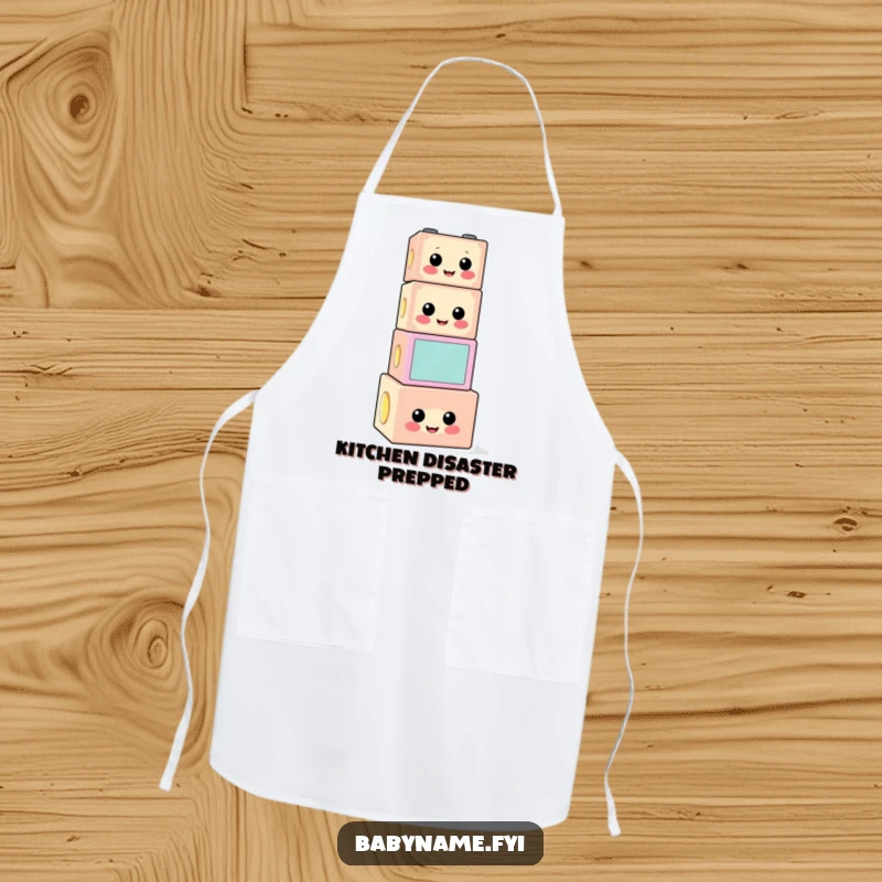 Funny building block apron showing a cheerful, precariously stacked block character, adding playful humor to cooking.