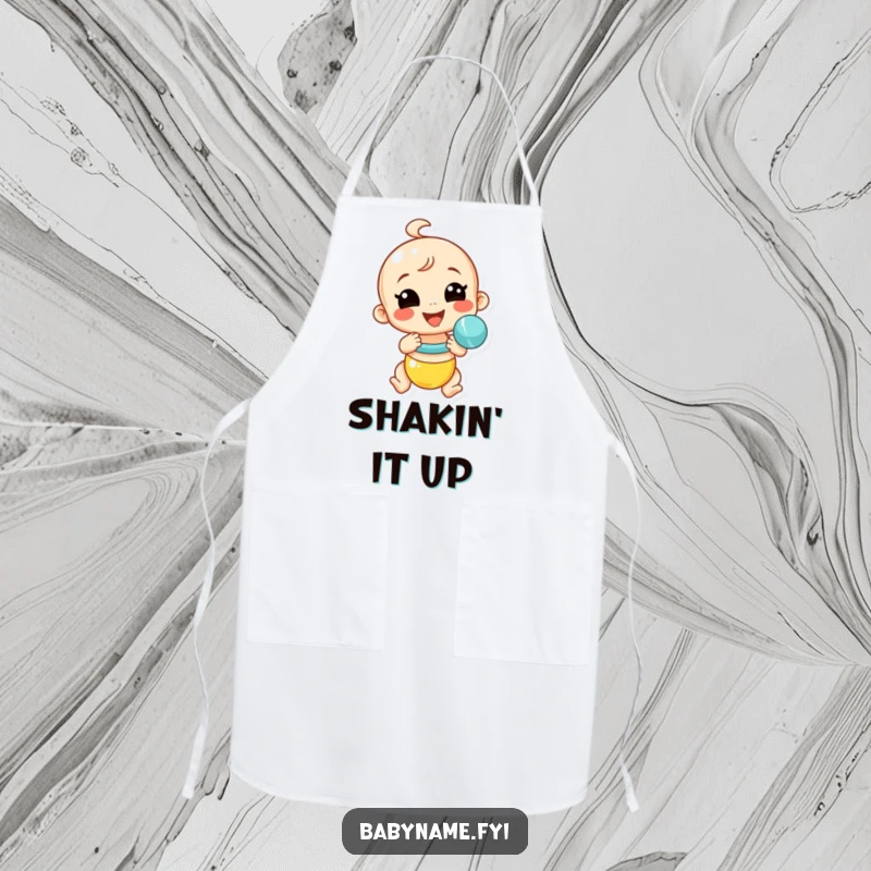 Funny baby rattle apron showing a smiling rattle shaking with energetic flair, a humorous accessory for a fun-filled cooking experience.