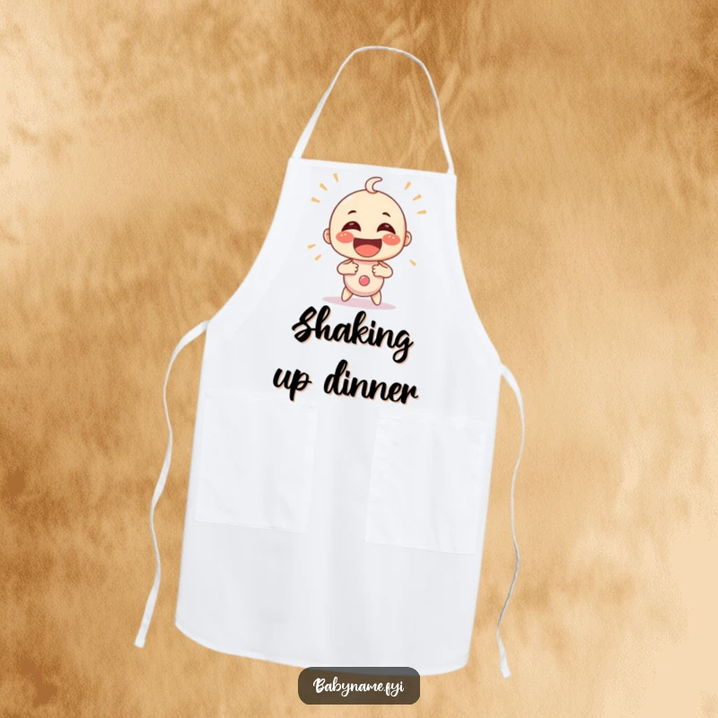 Funny baby rattle character shaking with exaggerated glee, printed on a kitchen apron. A humorous and functional accessory.