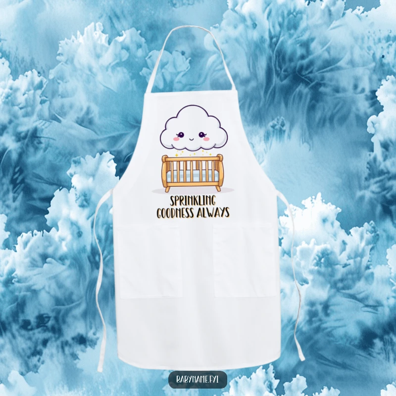 Funny cloud character sprinkling gentle sparkles onto a crib, depicted on a kitchen apron, perfect for baby showers or new parents.