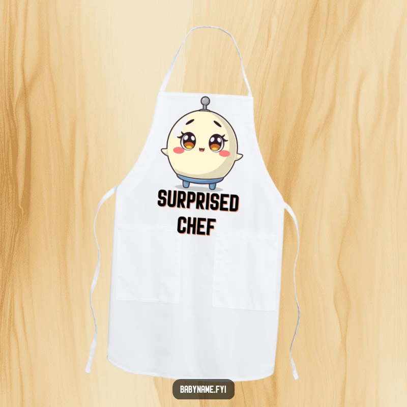Funny baby mobile apron showing a mobile spinning with wide, surprised eyes, a humorous accessory for a fun-filled cooking experience.