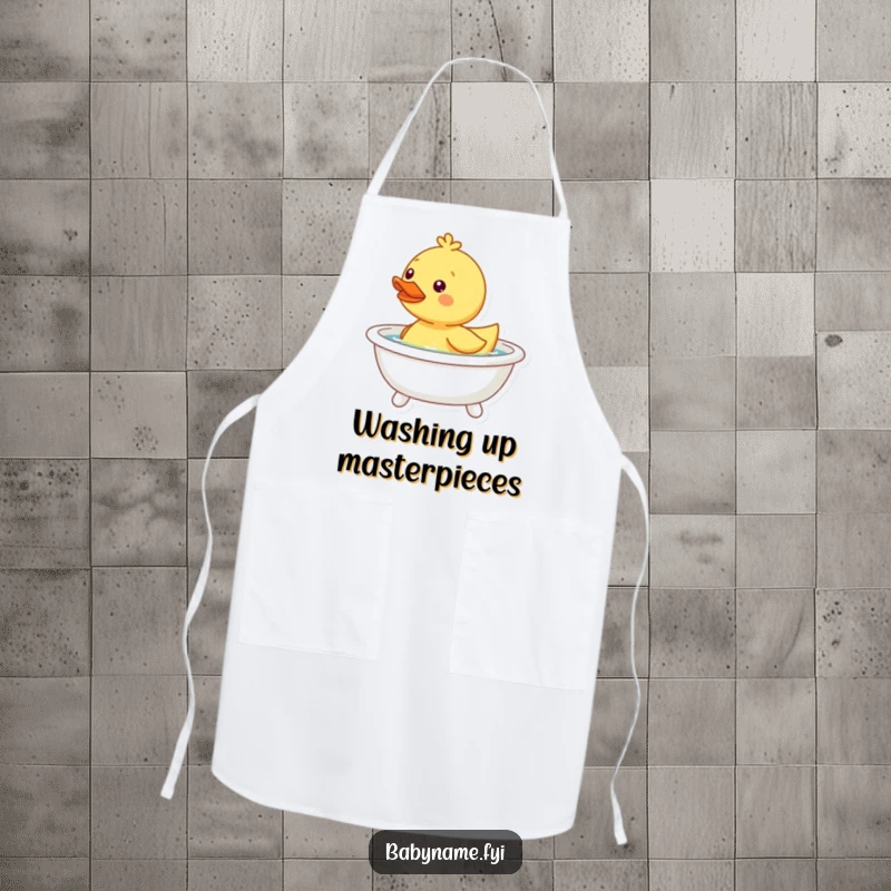 Funny happy duckling apron, bobbing in a tiny bathtub, a fun and practical kitchen accessory.
