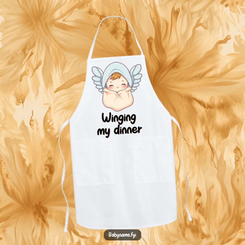 Funny baby blanket apron showing a cute blanket flapping like wings, a humorous accessory for a fun-filled cooking experience.