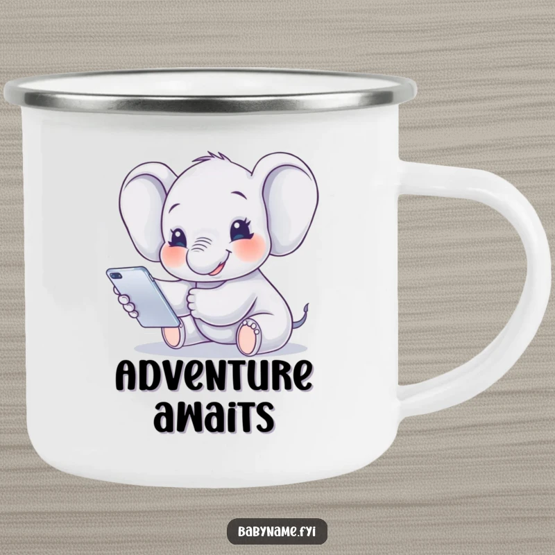 Funny Camping Mug featuring a smiling baby elephant reaching for a mobile, ideal for outdoor adventures and lovers of cute designs.