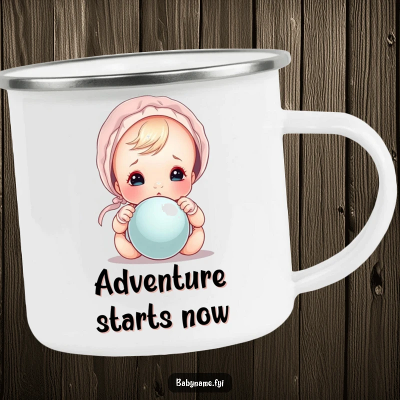 Funny baby in bonnet peeking over a rattle, a durable and funny camping mug.