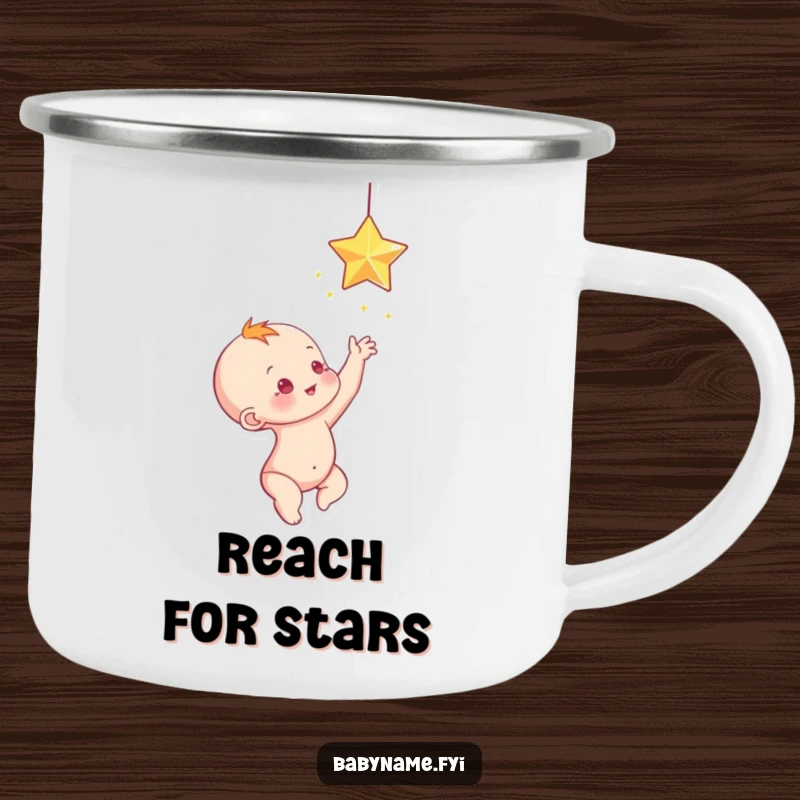 Funny baby reaching for a sparkling star, a durable and funny camping mug.