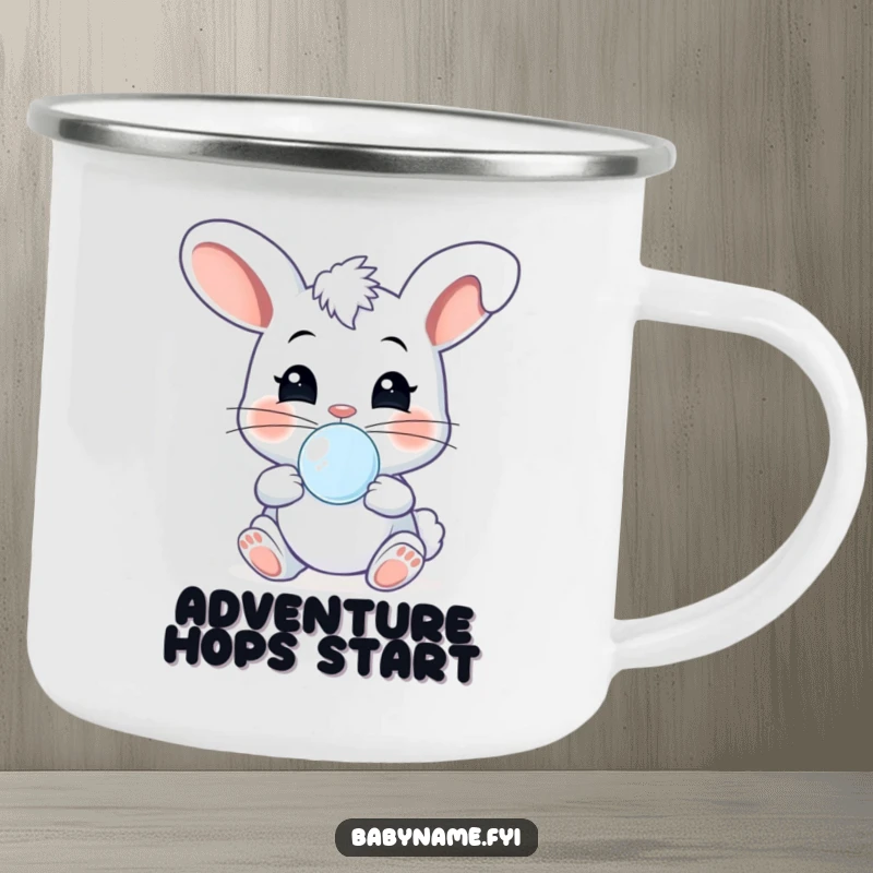 Funny cheeky baby bunny with pacifier, giggling and bouncing, designed for outdoor fun on this humorous camping mug.