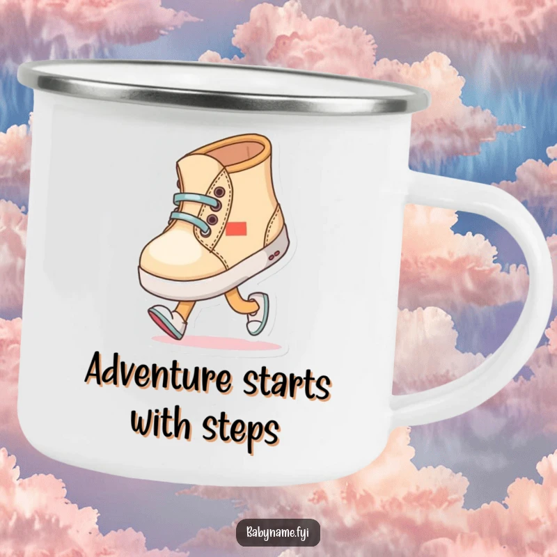 Funny baby shoe character comically trying to walk with wobbly steps, featured on a durable camping mug for outdoor fun.
