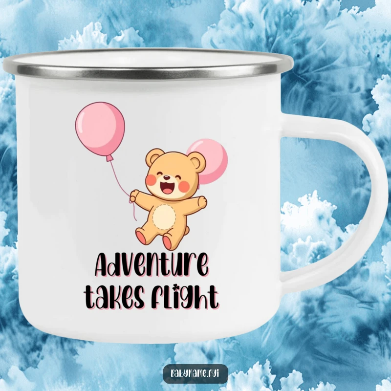 Funny Camping Mug: A giggling teddy bear floats upwards on a balloon during outdoor adventures, bringing whimsical cheer and lightheartedness.