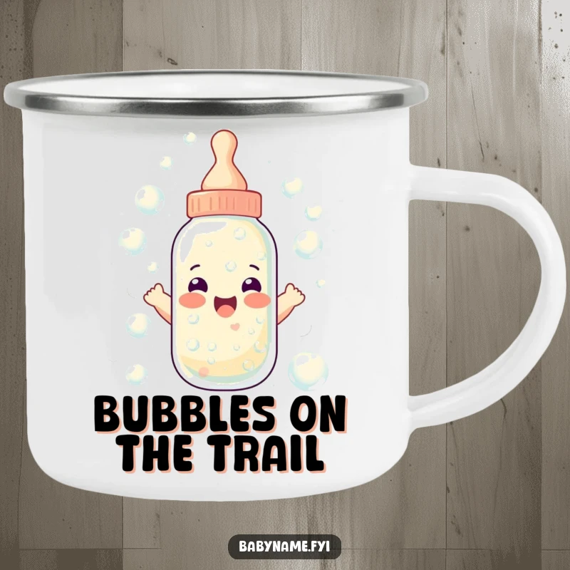 Funny baby bottle camping mug showing a bottle overflowing with happy bubbles, a durable and humorous mug for outdoor fun.