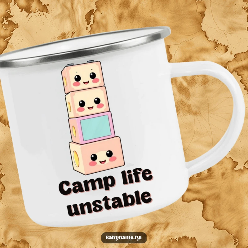 Funny building block camping mug with a cheerful, precariously stacked character, perfect for humorous outdoor trips.