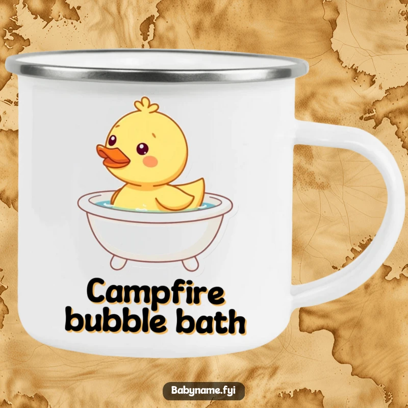 Funny happy duckling camping mug, bobbing in a tiny bathtub, perfect for outdoor drinks.